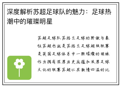 深度解析苏超足球队的魅力：足球热潮中的璀璨明星