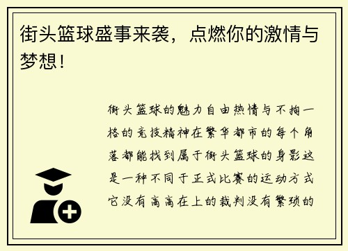 街头篮球盛事来袭，点燃你的激情与梦想！