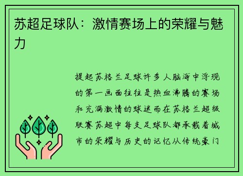 苏超足球队：激情赛场上的荣耀与魅力