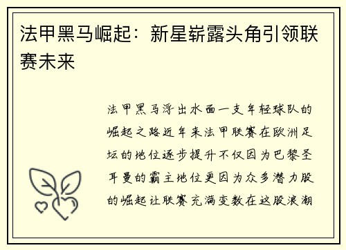 法甲黑马崛起：新星崭露头角引领联赛未来